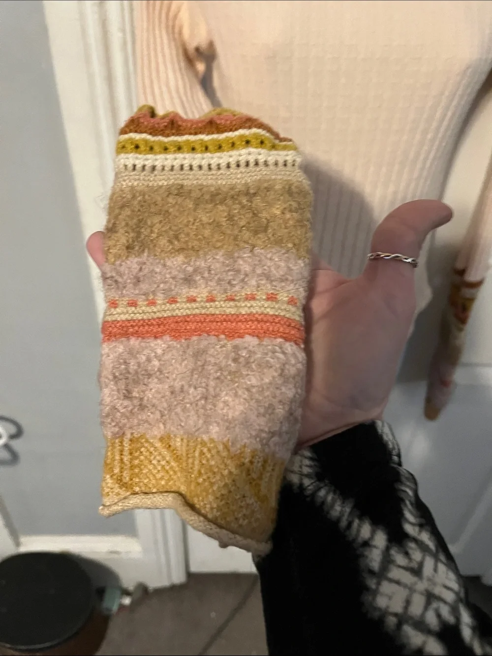 Free People Soft Peach Turtleneck Sweater with Patterned Cuffs Arm Warmer